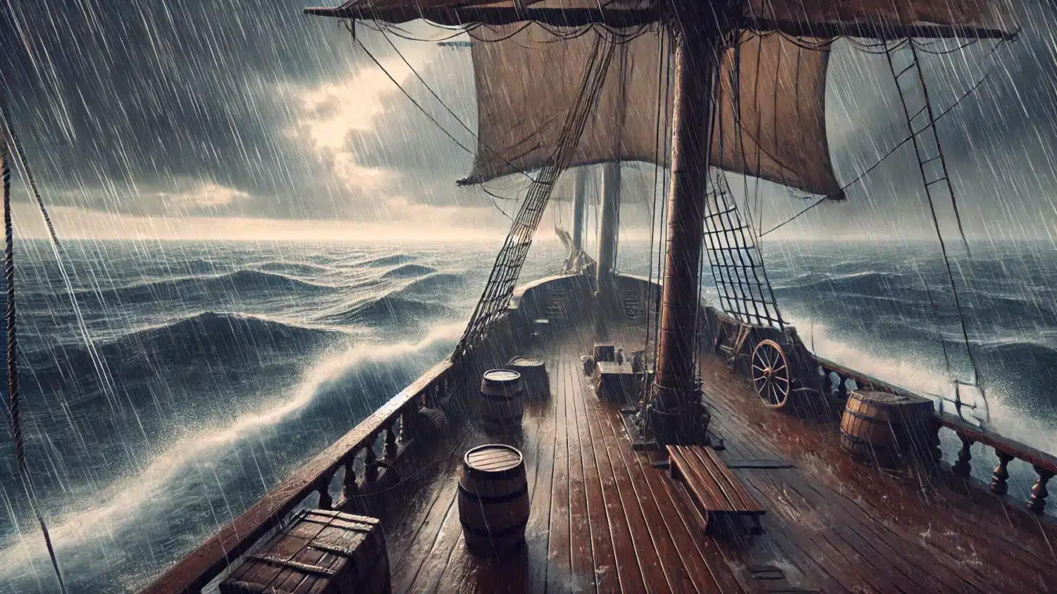 aboard a wooden ship at sea during a rainstorm