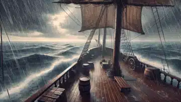 aboard a wooden ship at sea during a rainstorm