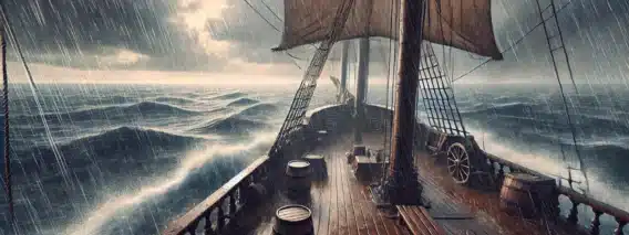 aboard a wooden ship at sea during a rainstorm