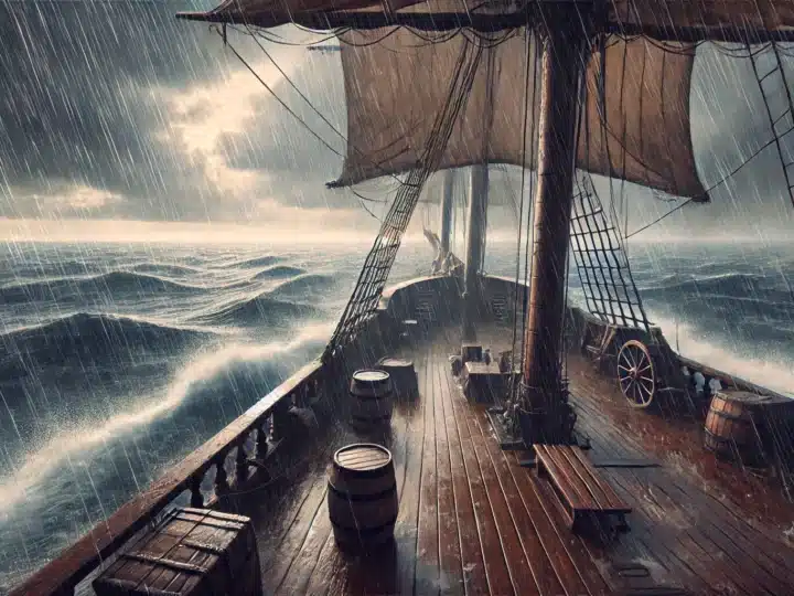 aboard a wooden ship at sea during a rainstorm