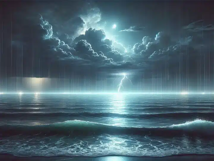 calming night scene of a vast ocean with gentle waves