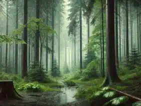 peaceful forest scene during a rainstorm