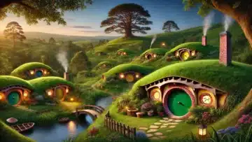 a cozy Hobbit village in The Shire, inspired by folklore