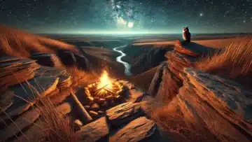 campfire burning on rocky cliffs overlooking a vast prairie