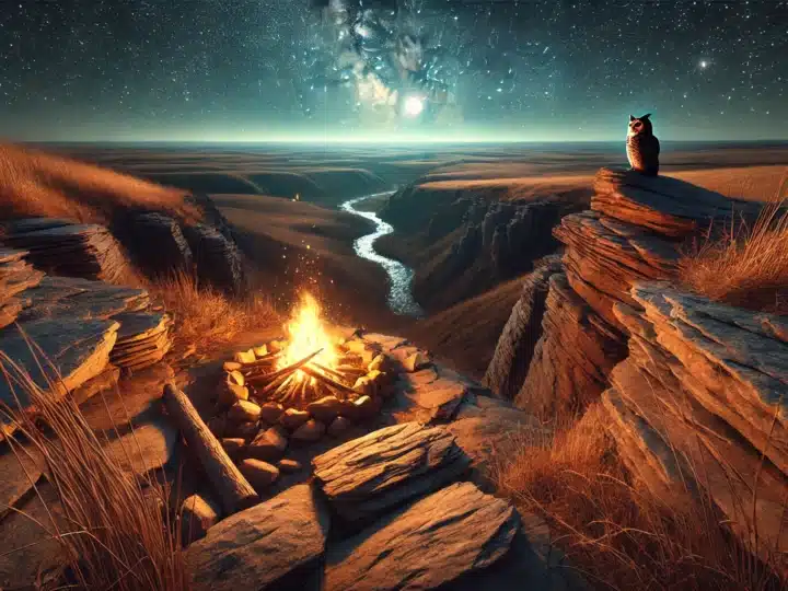 campfire burning on rocky cliffs overlooking a vast prairie